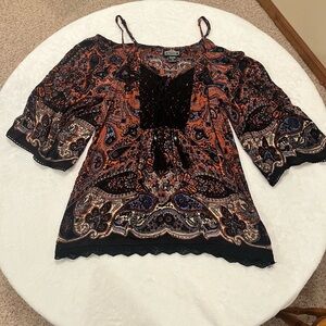 Angie Boho Paisley Cold-Shoulder Women's Top in Black & Rust